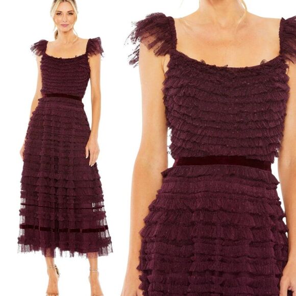Mac Duggal 8054 Size 16 Amethyst Ruffle Tulle Cap Sleeve Tiered Party Midi Dress - Picture 1 of 11